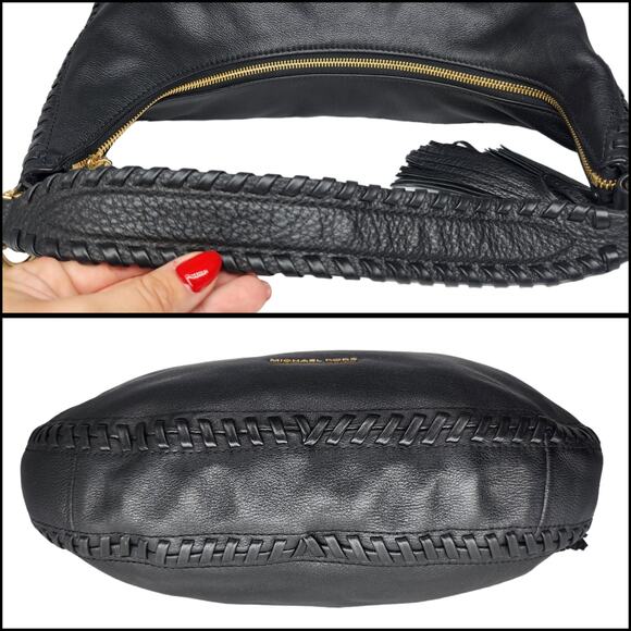 Michael Kors Handbag Purse Black Leather Gold Tassel Fringe Crescent Shoulder - Picture 5 of 13